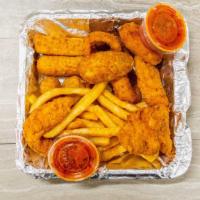 Snack Pack · Two mozzarella sticks, two poppers, two chicken fingers, three onion rings, two fried mushro...