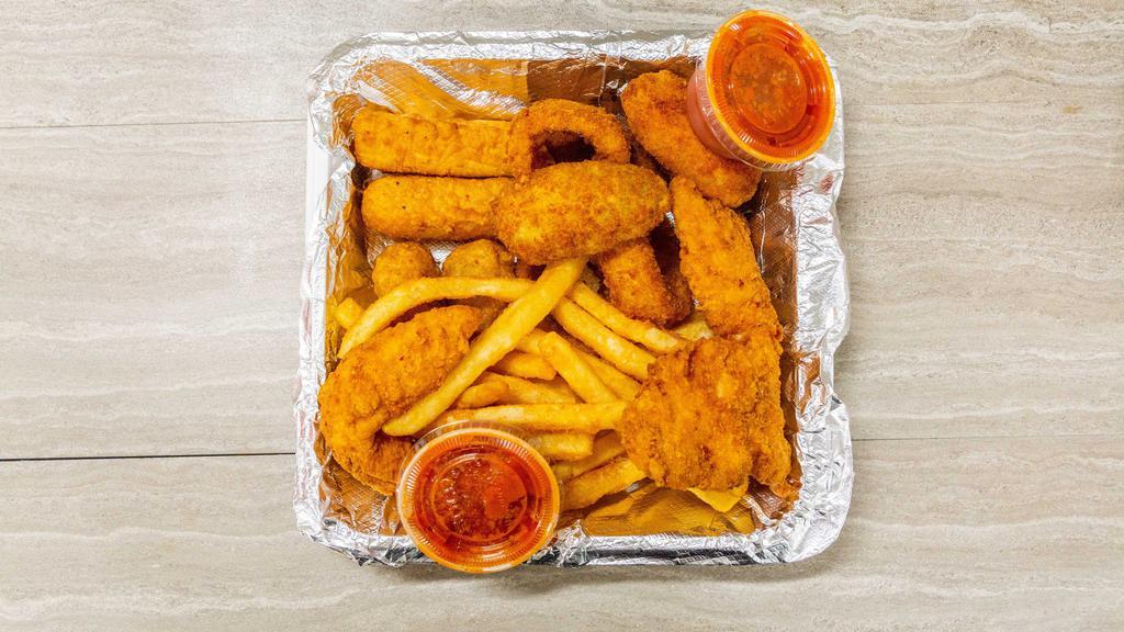 Snack Pack · Two mozzarella sticks, two poppers, two chicken fingers, three onion rings, two fried mushrooms and french fries.