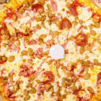 Meat Lovers Pizza · Pepperoni, ground beef, sausage, bacon, imported ham, and double cheese.