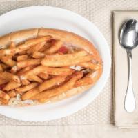 Fat Bitch Sandwich · Cheesesteak, Mozzarella sticks, chicken fingers with lettuce, tomato, mayo, ketchup and fren...