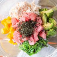 Tuna Bowl · Tuna, crabmeat, mango, avocado, onion, sesame seed, seaweed salad, dry nori, with poke sauce