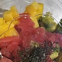 Salmon Salad · Salmon, pineapple, avocado, onion, sesame seed, seaweed salad, dry nori, and spring mix with...