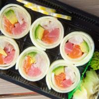Green Fresh Roll (Riceless) · Cucumber Wrappedm, Avocado, Tuna, Salmon, White Fish and Crabmeat with Ponzu Sauce.