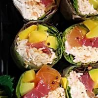 Tropicana Roll (Riceless) · Tuna, Salmon, White Fish, Avocado, Cucumber and Masago.