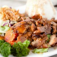 Chicken Teriyaki · Ginger teriyaki sauce. Served with steamed vegetables, steam rice and salad.