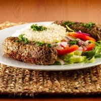 Kafta Kabob Platter · Ground Beef, Savory Spices, Onion, & Parsley Blended Together, served with rice, hummus and ...