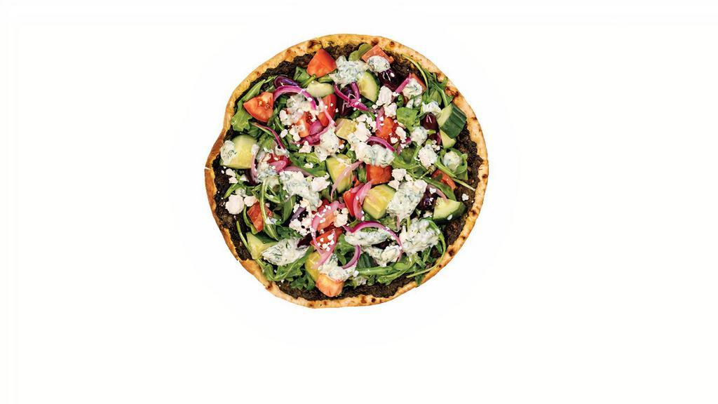 Gluten-Free Athena · spinach and herb blend, spread on thin lavash bread topped with arugula, tomatoes, cucumbers, kalamata olives, pickled red onion, feta cheese and tzatziki sauce  (gluten-free)