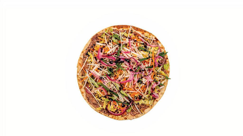 Gluten-Free Mandarin · red bean & veggie blend, spread on thin lavash bread topped with napa cabbage, carrots, shiitake mushrooms, pickled red onion, scallions and sesame seeds with hoisin-vinaigrette dressing (gluten-free)