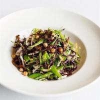 Cabbage & Pea Pod Salad · red & green cabbage, radicchio, frisee, crispy chickpeas, maitake mushrooms, snow peas, hone...