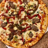 Oregano-Fennel Lamb Sausage Pizza · tomato, feta, peppers, red onions, mozzarella, olives