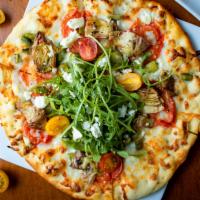 New World Pizza · virgin olive oil, garlic, asparagus, artichoke hearts, mozzarella, roma tomato, arugula, fet...