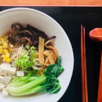 Vegetable Shoyu Ramen · Tofu, beansprouts, bok-choy, mushrooms, scallion, nori, bamboo shoots, corn, wood ear, sesam...