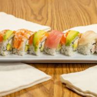 Rainbow Roll · California roll topped with 5 cuts of raw fish and avocado