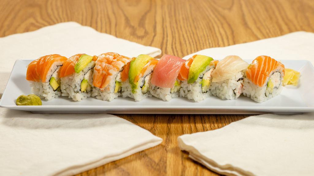 Rainbow Roll · California roll topped with 5 cuts of raw fish and avocado