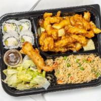 Pineapple Honey Chicken Bento · Comes with a choice of rice, choice of roll (four pieces), salad, shrimp tempura, dumpling
