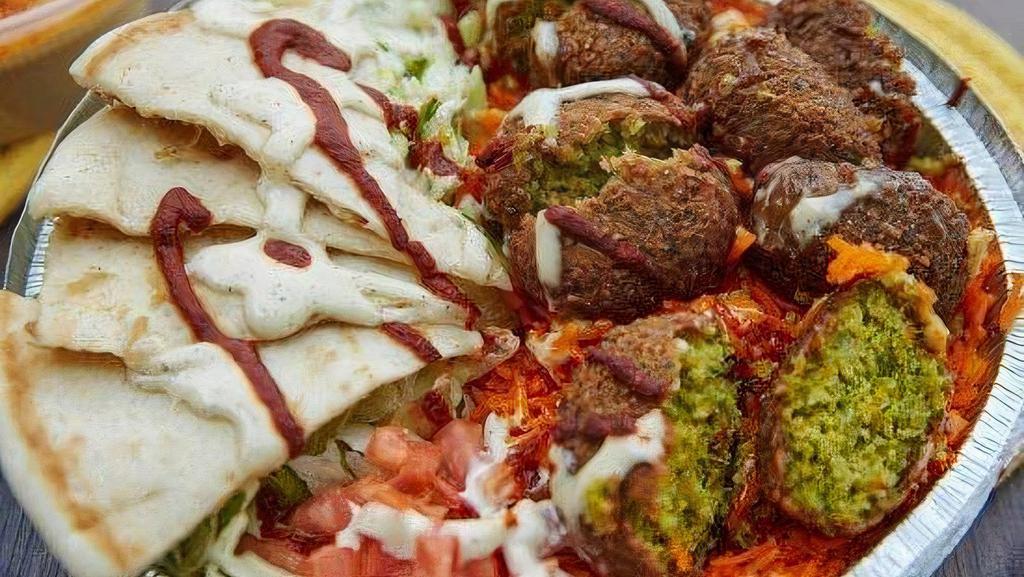 Falafel Platter · Blend of fried vegetarian Falafels over afghani rice and salad.
