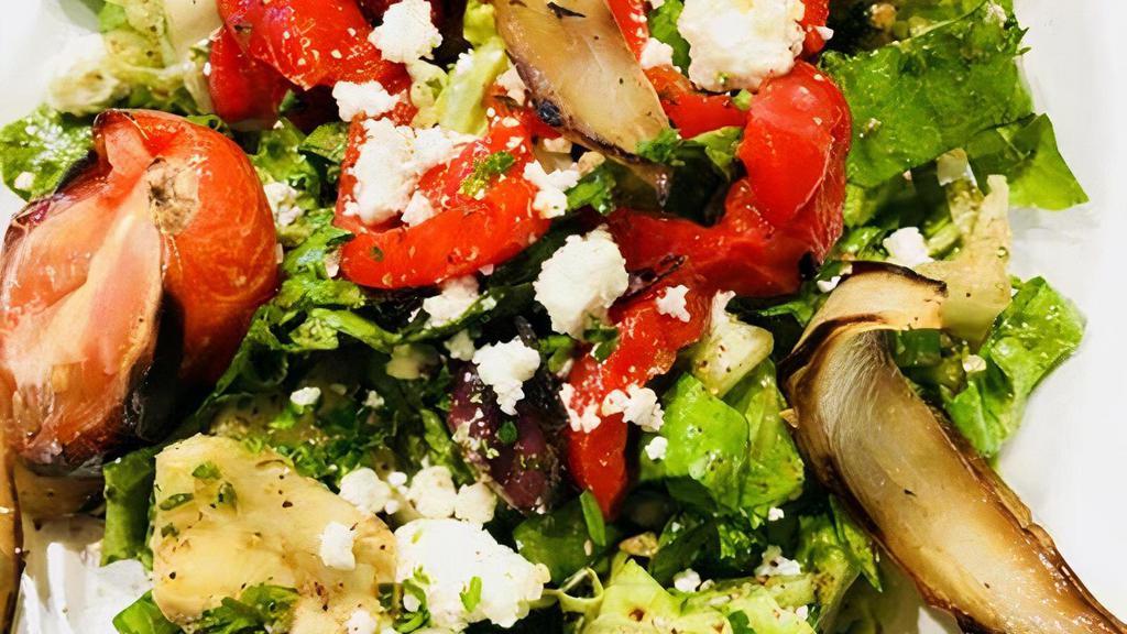 Balsamic Salad · Romaine Heart, quinoa, Parsley, Feta Cheese, Tomatoes, Balsamic dressing , Kalamata olives, roasted red pepper, artichoke hearts