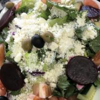 Small Greek Salad · Romaine lettuce, tomatoes and cucumbers, topped with beets, onions, peppers, black olives an...