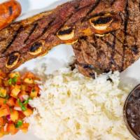 Plato Mixto · Steak, chorizo, rips, served with pico de gallo, beans, rice, and tortilla.