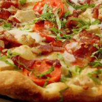 Asiago Bacon Chicken Pizza · Olive oil, thinly sliced tomatoes, basil leaves, bacon, grilled chicken, mozzarella and Asia...