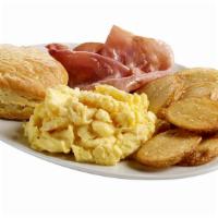 Scrambled Egg Platter · Fresh scrambled eggs, breakfast fries, one warm, buttermilk biscuit, and your choice of Smit...
