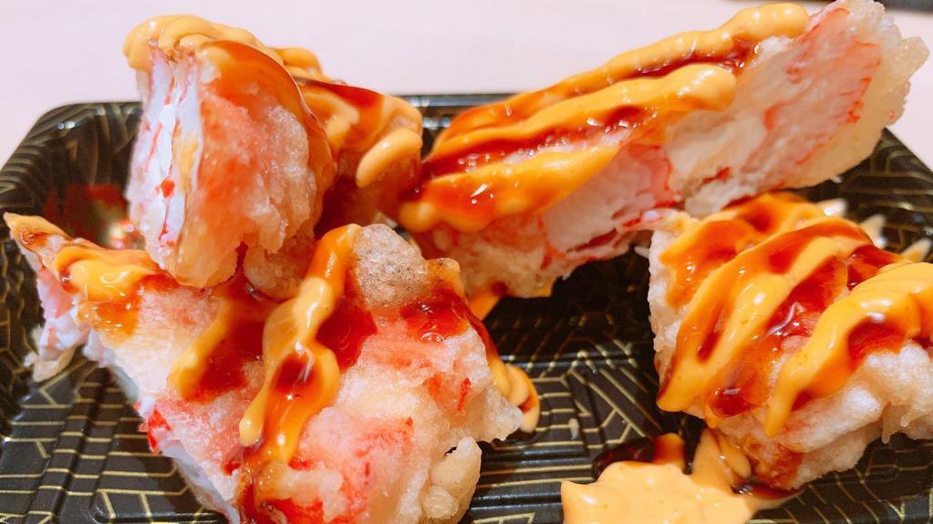 Crazy Crabmeat · Crabmeat with cream cheese deep fried topped w. spicy mayo and eel sauce.