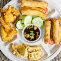 House Delight · 4 each of spring rolls, gyoza, cheese rolls and shrimp tempura.