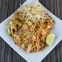 Phad Thai Noodle · Rice noodles stir fried with onions, bean sprouts, egg and ground peanuts. Combination inclu...