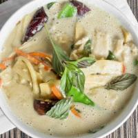 Green Curry · Green curry with coconut milk, snowpeas, bamboo, carrots, basil and eggplant.