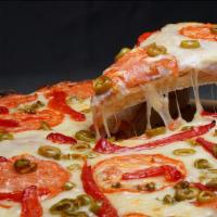 Pizza Napolitana · Pizza with Tomato Sauce, Ham, Mozzarella, Sliced Tomatoes, Red Pepper and Olives.