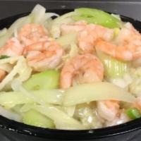 Shrimp Chow Mein · Shrimp with white onion ,celery,bean sprouts in white sauce. Crispy noodle on the side.