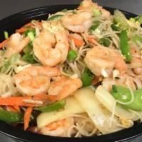 Shrimp Chow Mei Fun · Large, thin rice noodles.