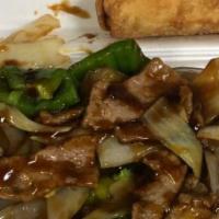 Pepper Steak With Onion Combination Platter · Served with fried rice and egg roll.