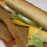 Whiting Fillet Fish Cheese Hot Sub · Includes lettuce, tomato, mayonnaise and onions.