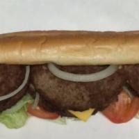 Cheeseburger Hot Sub · Includes lettuce, tomato, mayonnaise and onions.