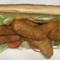 Fried Chicken Tender & Cheese Hot Sub · Includes lettuce, tomato, mayonnaise and onions.