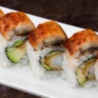 Dragon Roll · Crab, avo, & fish roe topped with a whole broiled fresh water eel