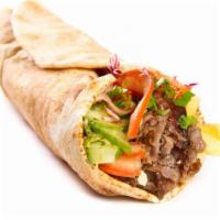 Juicy Beef Wrap · Juicy, seasoned ground beef, mixed greens, and your favorite toppings filled in a house wrap.
