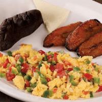 Pericos · Scrambled eggs with tomato, diced onion and roasted jalapeño served with refried beans, pane...