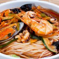 Jampong · Noodles with seafood and pork in spicy soup.