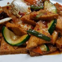 Braised Bean Curd · Spicy bean curd with Napa cabbage, carrots, zucchini, wood ear mushrooms