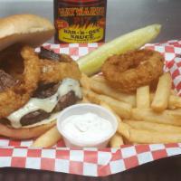 The Royal · Burnt ends or brisket with your choice of cheese, topped with two onion rings and served wit...