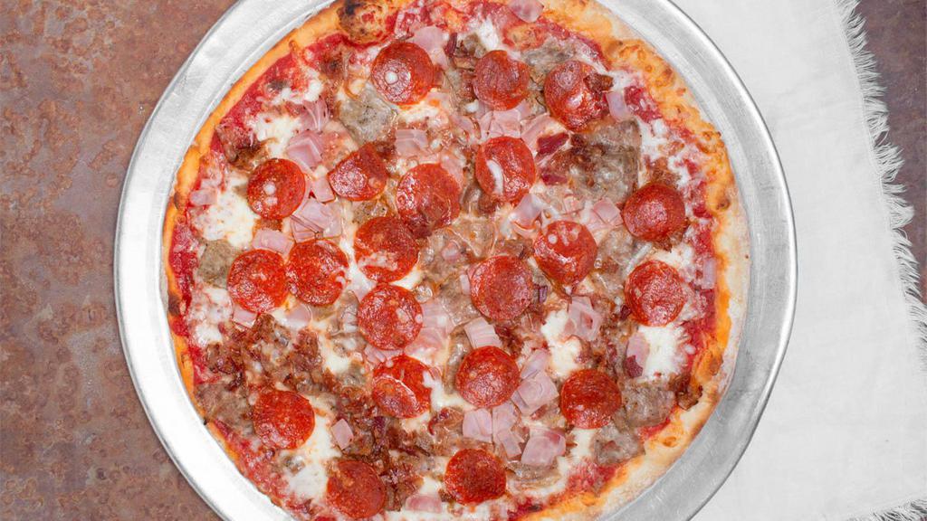 Meat Lovers Pizza · With pepperoni, ham, ground beef, bacon and sausage.