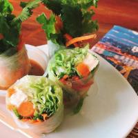 Fresh Spring Rolls · (Vegan, Gluten Free). Lettuce, mint, carrot, cucumber, and cilantro wrapped in soft rice pap...