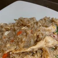 Spicy Fried Rice · (Hot, Spicy). fried rice with egg, peas, carrots, onions, bells, chili, and basil leaves. Fr...