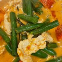 Panang Curry · (Hot, Spicy, Gluten Free, Dairy Free). Green beans, bell peppers, and lime leaves in panang ...