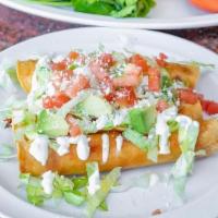 Flautas · Hand-rolled Corn Tortillas filled with Pulled Chicken then pan-fried and topped with Lettuce...