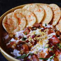 Papdi Bowl (Chaat) · Crunchy papdi chips atop a mixture of potato, onion, tomato, yogurt, spices, sweet tamarind ...
