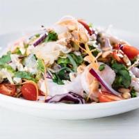 Asian Noodle Salad · Spicy. Shrimp, minced chicken, clear low carb noodle, julienne seasonal rainbow vegetable, g...