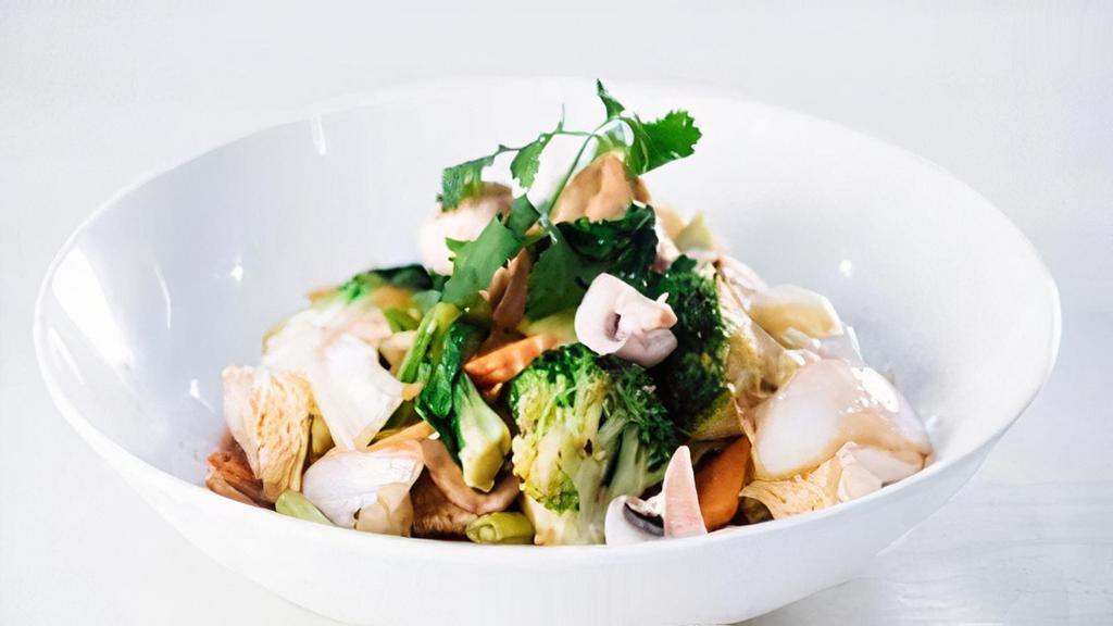 Asian Vegetable Stir Fry · Broccoli, bok choy, mushroom, snap pea, carrot, scallion, white onion, bamboo shoot, cabbage, so healthy.